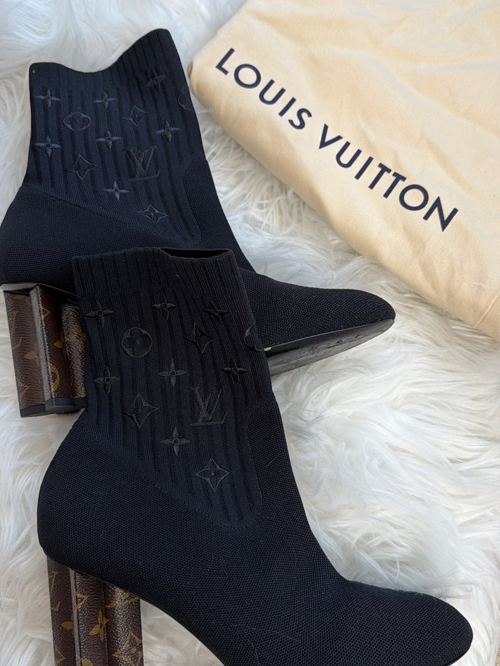 Louis Vuitton Monogram Flower Heel Black Ankle Boots Size 41